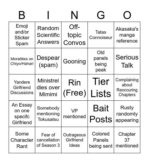 Hyakkano Chat Bingo Card