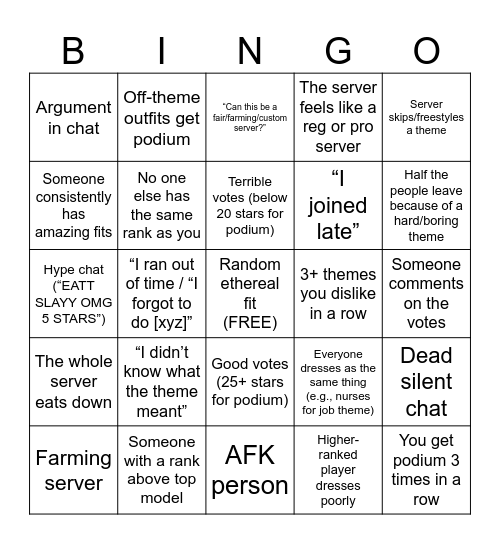 DTI Master Server Bingo Card