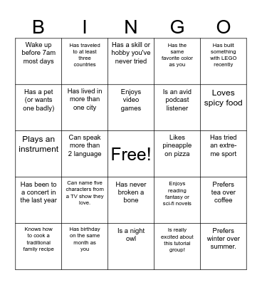 Icebreaker Bingo Card