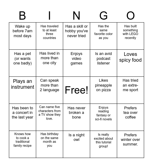 Icebreaker Bingo Card