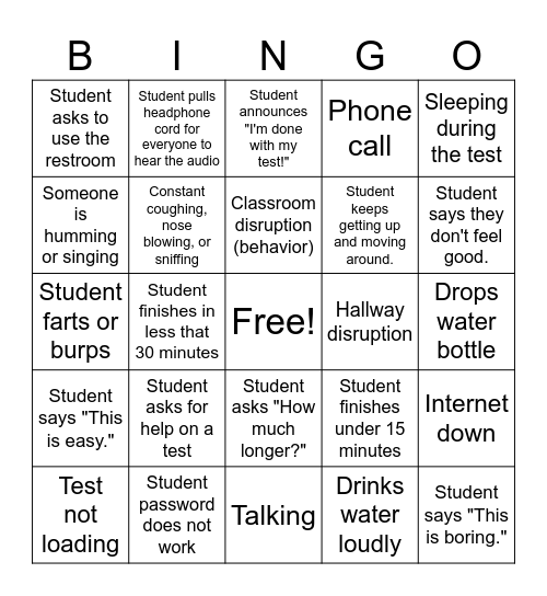 State Testing Bingo Card
