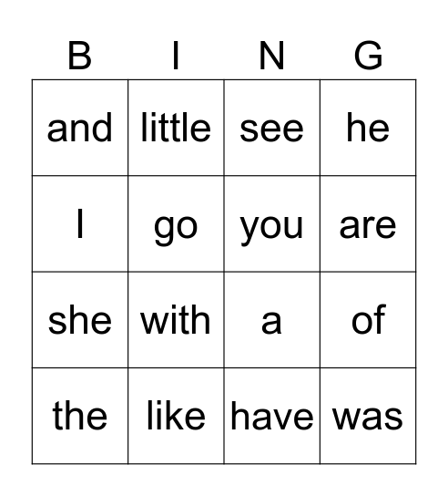 Sight Word Bingo Card