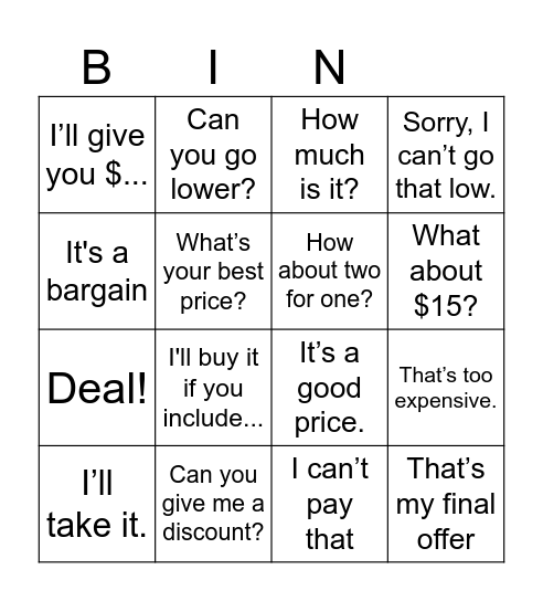 Is That Your Best Price?! Bingo Card