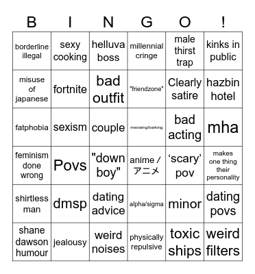Tiktok cringe Bingo Card