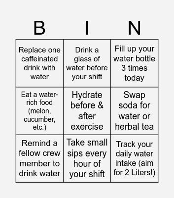 HYDRATION BINGO Card