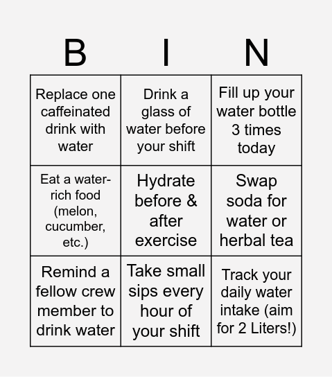 HYDRATION BINGO Card