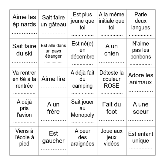 VIVRE ENSEMBLE: Apprendre à se connaître Bingo Card