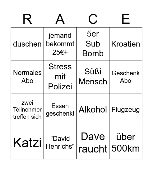 The Race - Bingo Card