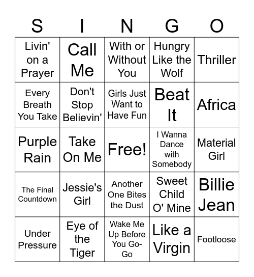 The Trails SINGO: 80's Hits Bingo Card