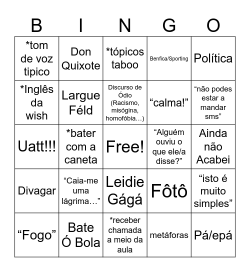 Bingo do professor Camilo Bingo Card