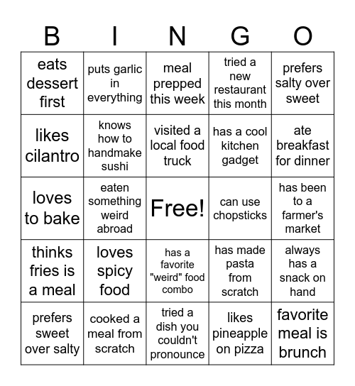 Foodie Bingo Card