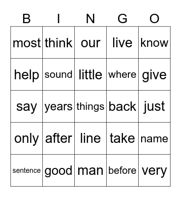 Fry 100-135 Bingo Card