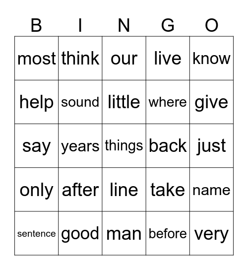 Fry 100-135 Bingo Card