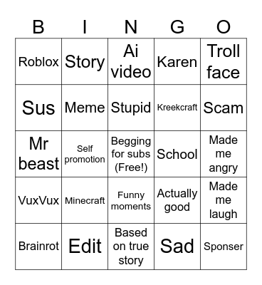 Youtube shorts bingo Card