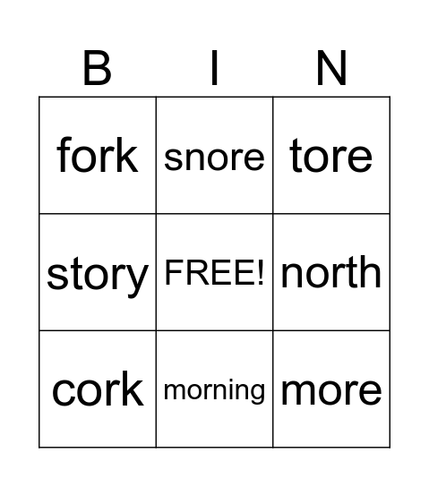 OR and ORE Word Bingo Card