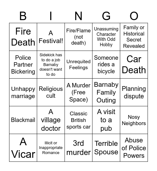 Midsomer Murders Bingo Card