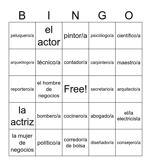 Las Ocupaciones Bingo Card