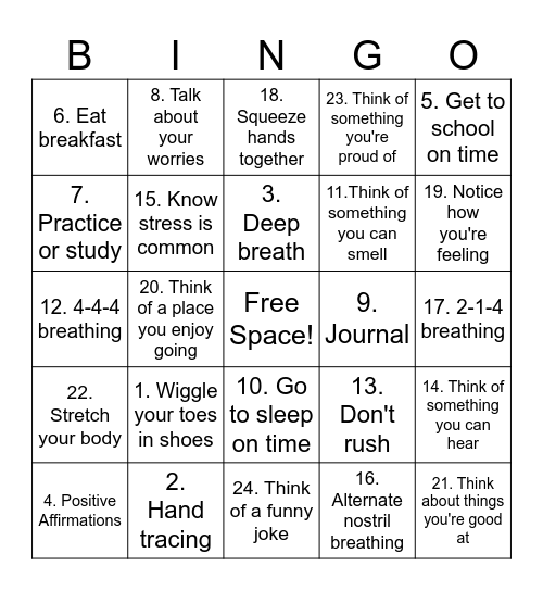 Stress Management Bingo Card