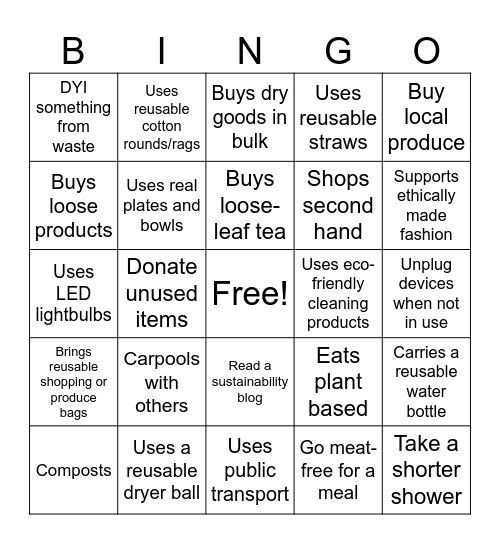 Sustainability Bingo Card