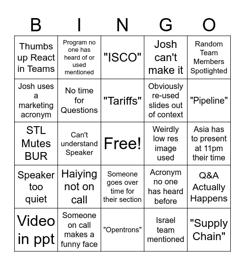 Monthly Exchange Bingo Card