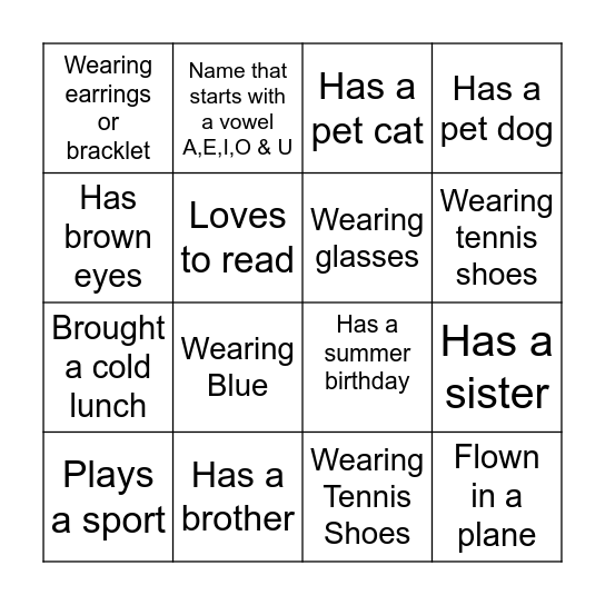 Find a Friend Bingo Card