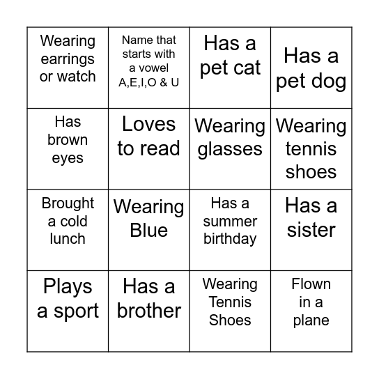 Find a Friend Bingo Card