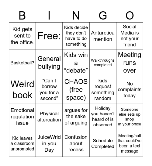 Principal School Bingo Card