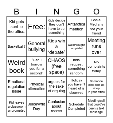 Principal School Bingo Card