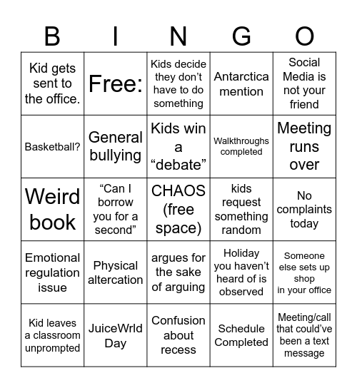 Principal School Bingo Card