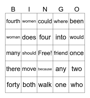 Sight Words Bingo Card