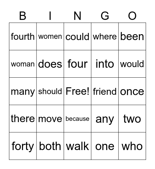Sight Words Bingo Card