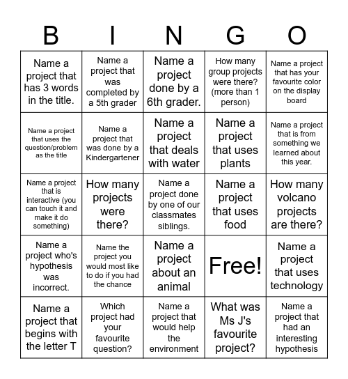 Science Fair Scavenger Hunt Bingo Card