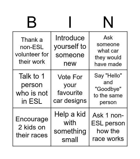 ESL Car Rally Bingo! (Do all these in English!) Bingo Card