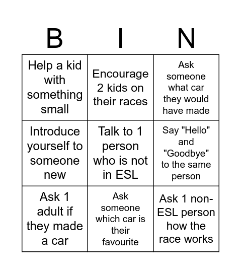 ESL Car Rally Bingo! (Do all these in English!) Bingo Card