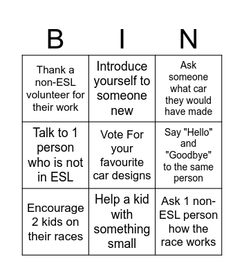 ESL Car Rally Bingo! (Do all these in English!) Bingo Card
