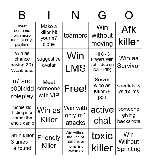 forsaken Bingo Card