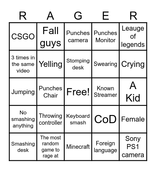 Gamer Rage Bingo Card