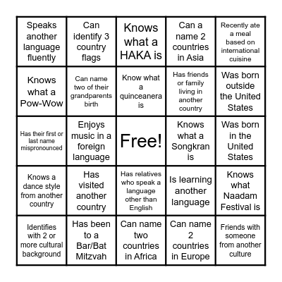 Culture Day Bingo Card