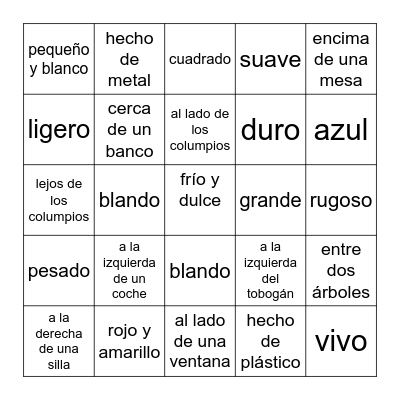 Encuentra un objeto que es/está… Bingo Card