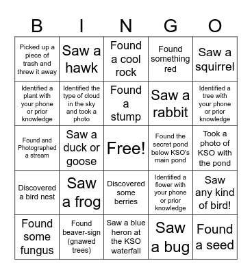 KSO Nature Walk Bingo Card