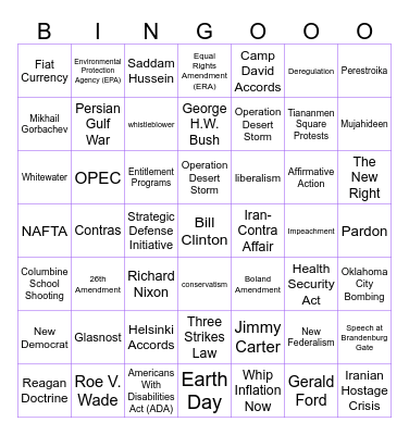 Unit 11 - The 20th Century Ends Bingo Card
