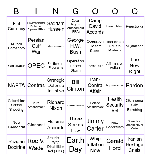 Unit 11 - The 20th Century Ends Bingo Card