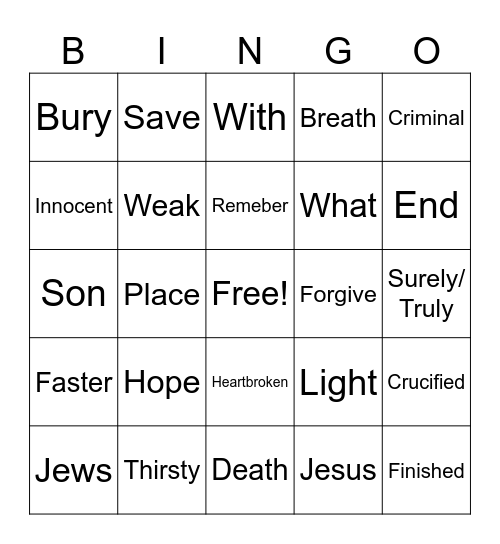 Crucifixion Bingo Card