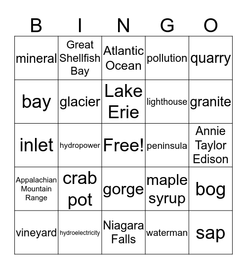 Northeast Region Bingo Card