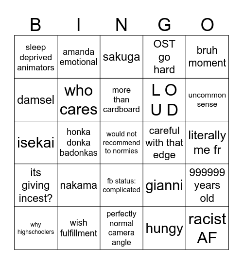 animemes Bingo Card