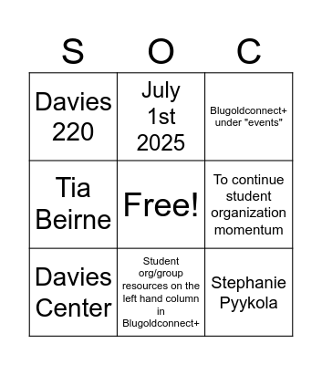 Student Organization Bingo Card