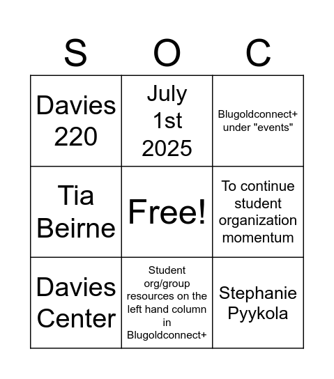 Student Organization Bingo Card