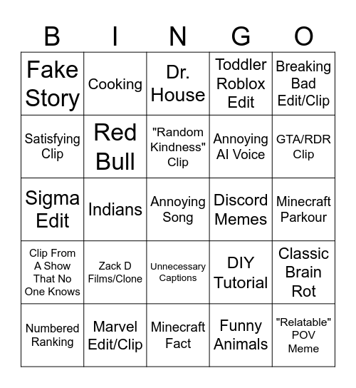 YT Shorts Bingo Card