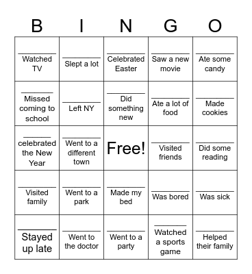 What did you do over winter break? Bingo Card