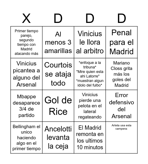 Real madrid vs Arsenal Bingo Card